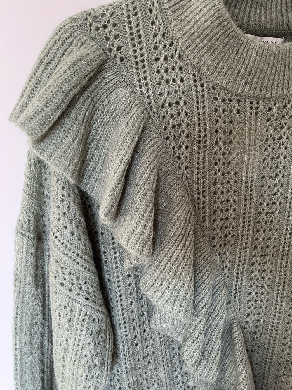 RW&CO NWT Sz L Asymmetrical Ruffle Open Knit Sweater Feminine Soft Girl Romantic - Picture 4 of 7